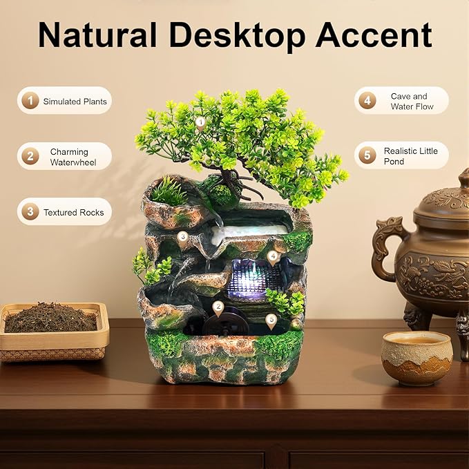Desk Waterfall Fountain, Water Fountains Indoor Bonsai Desktop Ornament with LED Light, Zen Meditation for Home Office Bedroom Atomizing Humidifier Desk Decoration