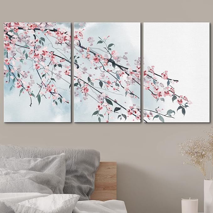 wall26 - 3 Panel Canvas Wall Art - Ink Painting Style Pink Cherry Blossom on The Branch - Giclee Print Gallery Wrap Modern Home Art Ready to Hang - 24"x36" x 3 Panels