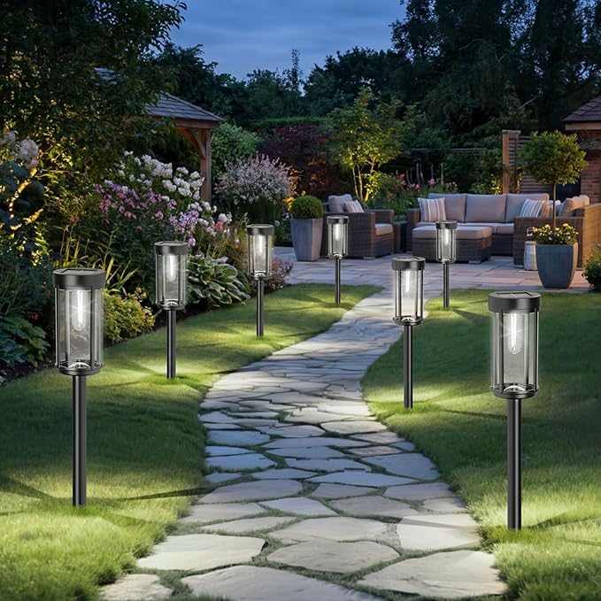 Sparkblaze 12 Pack Solar Pathway Lights Outdoor, Modern Classic Solar Garden Lights, Auto On/Off Landscape Lighting for Yard, Lawn, Patio, Walkway, Waterproof Solar Stake Lights. (12, Cold White)