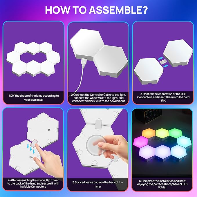 KORORO Hexagon LED Lights - 8 Pack Smart APP RGB Gaming Light with Remote Control & Music Sync Honeycomb Shape Hex Lights for Bedroom, Living Room Wall, Gaming Decor