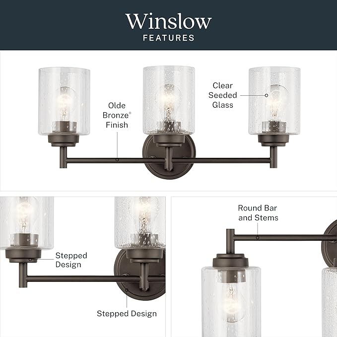 Kichler Winslow 21.5" Vanity Light in Olde Bronze®, 3-Light Transitional Bathroom Light with Clear Seeded Glass. (21.5" W x 9.25" H), 45886OZ