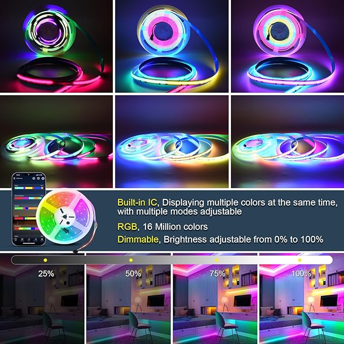 INDARUN RGB Smart IC COB Led Strip Light 16.4ft/5M, 24V COB Led Strip 12mm Width, 3600LEDs, Color Chasing Addressable Flexible Led Tape Light for TV Backlight, Room Decor(Without Controller&Adapter)
