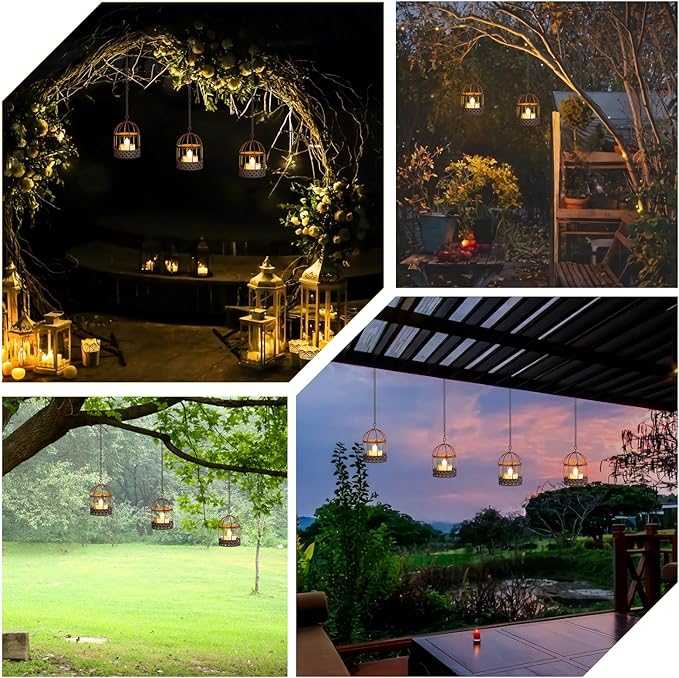 Solar-Hanging-Lanterns-Outdoor-Waterproof, Rust Birdcage Style Candle Holders with Flickering Solar Tea Lights for Backyard Patio Garden Fence Tree Decoration (4 Pack)