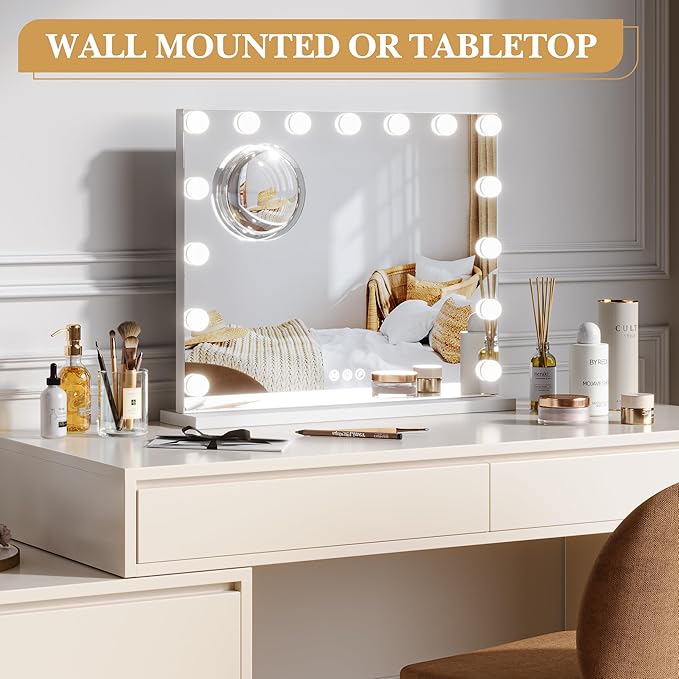 Aluminum Frame LED Makeup Mirror, 23x18 Lighted Vanity Mirror with 15 Dimmable LED Bulbs, 3 Color Modes, 3X Magnifying Mirror, Touch Dimmer, USB Type-C Port, Detachable Base, Wall Mountable