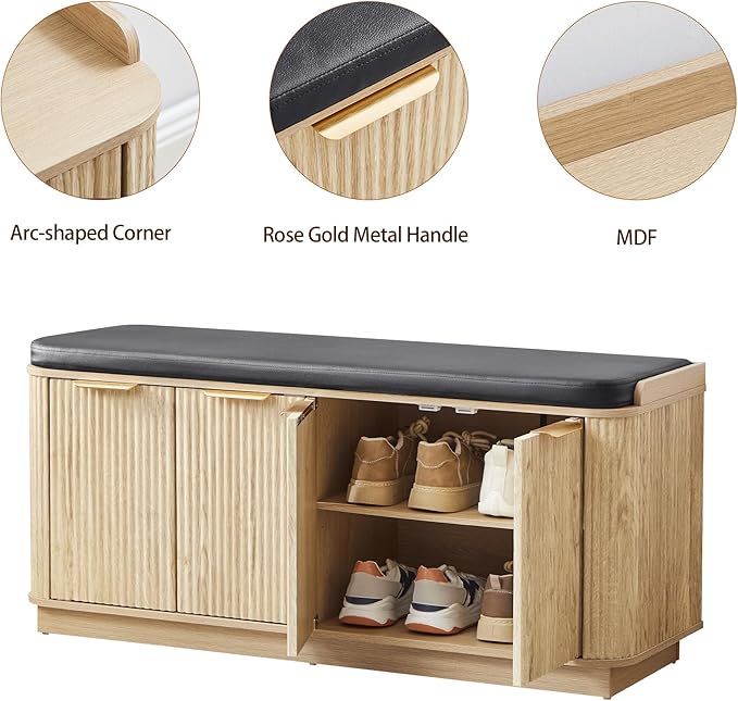 43.3''W Fluted Entryway Shoe Storage Bench with 4 Doors and Adjustable Shelf, 2-Tier Entry Bench Seat with Shoe Storage and Cushion, Shoe Cabinet Bench for End of Bed, Foyer - Natural