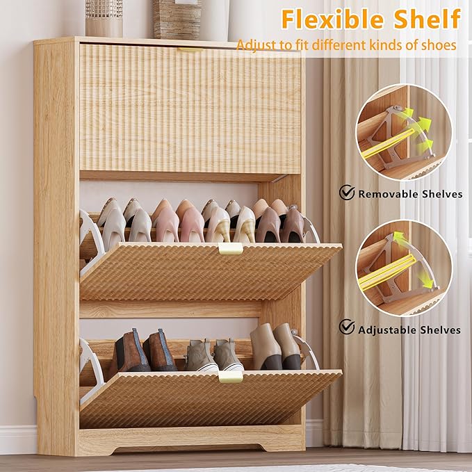 Entryway Shoe Cabinet with 3 Flip Drawers, Narrow Shoe Organizer Cabinet with Fluted Panel and Adjustable Shelves for Foyer, Hallway