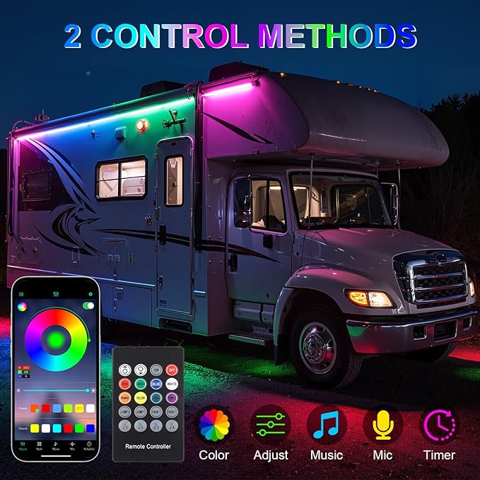 16.4FT RV Awning Lights with App / Remote Control, 12V Camper LED Light Strip with Music Sync, IP65 Waterproof Underglow LED Light Kit for Motorhome, Travel, Trailers, Outdoor Camping, Party BBQ