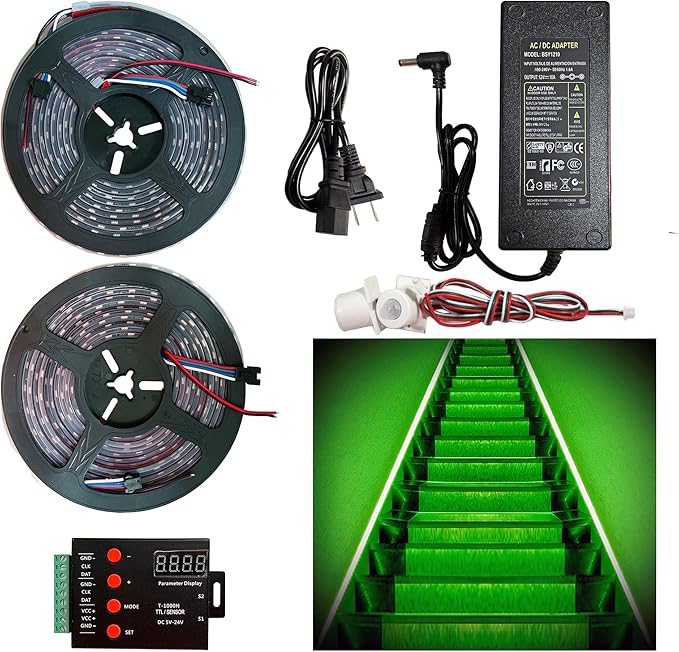 Flowing Water Two-Way Sensor Color Stair Light, Motion Sensor, LED Controller, 12V, 16.4FT Flexible Light Strip, PIR Sensor Stair Light, Indoor, Outdoor(Plus Version)
