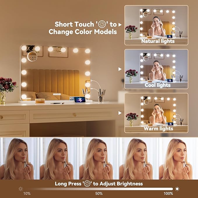 Hasipu LED Makeup Mirror with Bluetooth Speaker, 28" x 20" Makeup Mirror with Lights and Magnification, Hollywood Mirror with 3 Color Modes, LED Make up Mirror with USB & Type-C Charging