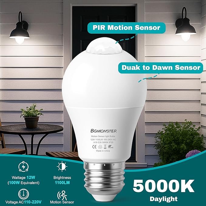 4-Pack Motion Sensor Light Bulbs, 12W(100W Equivalent), Movement Security LED Bulb(Energy Efficient) Indoor/Outdoor, Motion Activated Dusk to Dawn Bulb for Porch, Garage, Basement, Hallway, Stairs