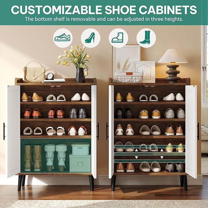 YITAHOME Shoe Cabinet with Doors, 5-Tier Shoe Storage Organizer with Adjustable Shelves, Modern Freestanding Wooden Shoe Rack Cabinet for Entryway, Hallway, Closet, Living Room, Brown & White
