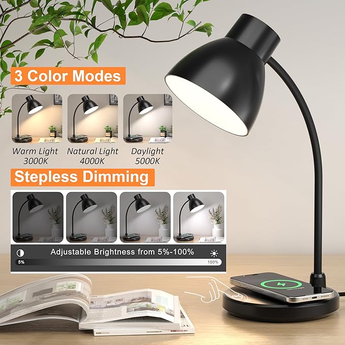 Desk Lamps for Home Office - LED Desk Lamp with Wireless Charger, 3 Color Modes Dimmable Eye-Caring Study Reading Desk Light, Small Flexible Arm Table Lamp for College Dorm Room Bedside, Black