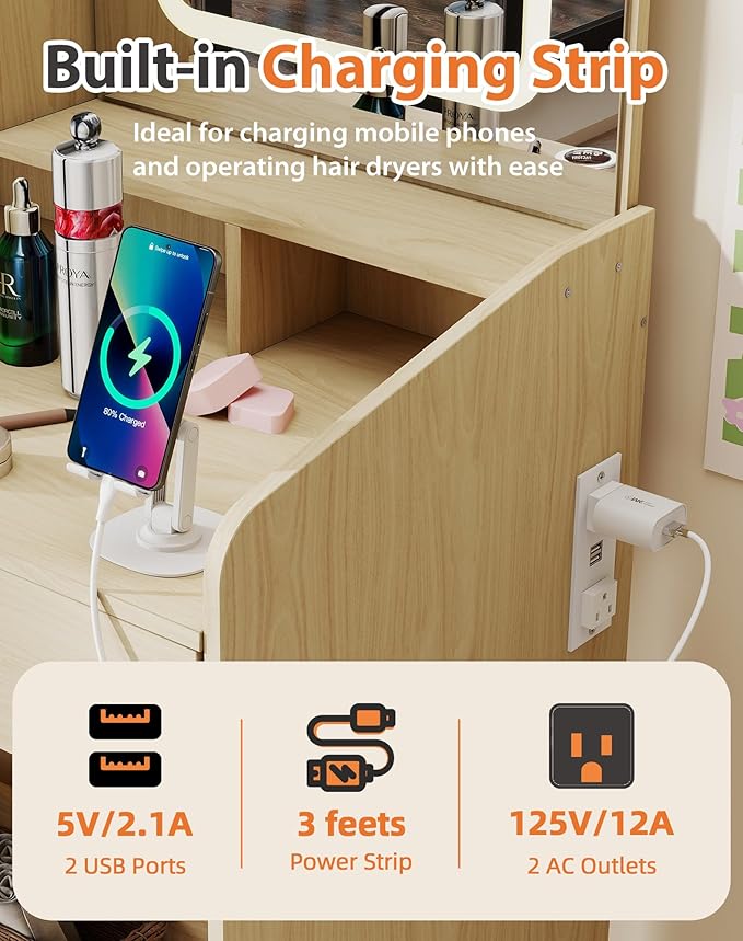 Small Makeup Vanity Desk for Girls with Lighted Mirror, 26.5” W Dressing Table with 2 Drawers and Power Outlet, 3 Light Modes & Adjustable Brightness, Vanity Table for Women Bedroom,Natural