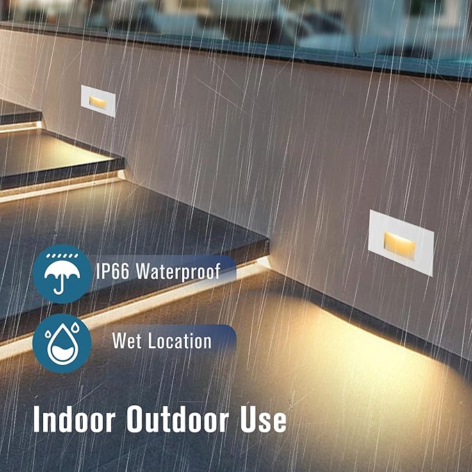 LED Outdoor Step Lights Indoor Stair 120V Dimmable, 4W 350LM 3000K Warm White, IP66 Waterproof for Steps, White Deck Horizontal, 3-Pack