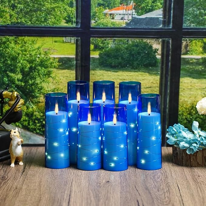 Flameless Candles with Embedded Star String - Battery Operated LED Candles, with Remote,12 Blue Flickering Candles for Christmas, Weddings, Home Decor & Party,(D 2.3"×H 5" 6" 7")