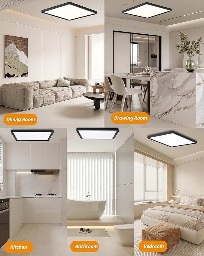 Square Led Flush Mount Ceiling Light,16 Inch 40w 3820lm led Light 3000k,4000k,6000k CCT Selectable,Flat Panel Super Slim Led Ceiling Light Fixture,for Living Dining Kitchen Bedroom Room (1Pack-Black)