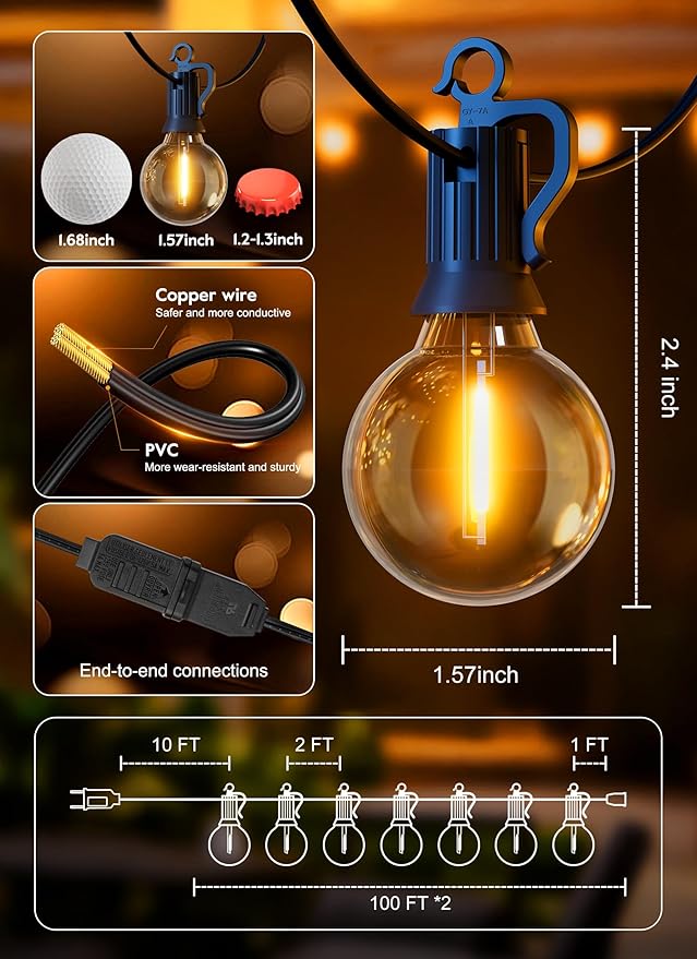 Outdoor String Patio Lights, 200FT 100 LED Patio Lights Waterproof, Connectable Shatterproof Hanging Outside String Light for Backyard, Porch, Deck, Balcony, Garden, House Decor, 2200K