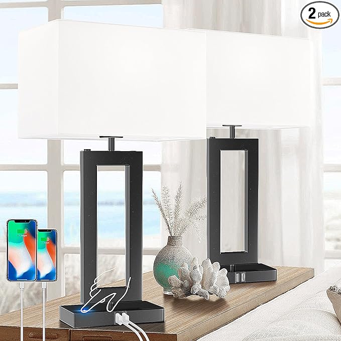 White& Black Table Lamp Set of 2 Touch Control Lamps 3-Way Dimmable Bedroom Bedside Nightstand Lamps w/USB Ports Modern Table Lamp for Living Room End Table Office, 22’’ Tall, Daylight