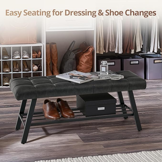 LUE BONA 45" Entryway Bench with Storage Shelf, End of Bed Bench with Tufted Faux Leather Seat, Bedroom Bench with Metal Frame, 330 LBS Capacity for Entryway, Living Room, Hallway, Black