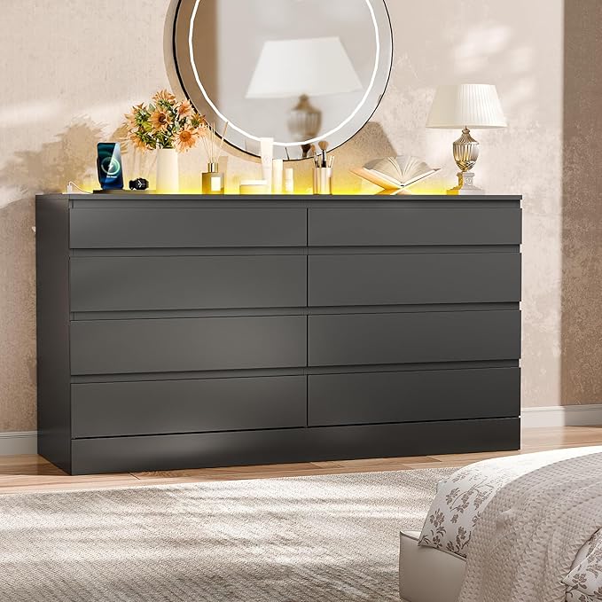 8 Drawer Dresser with Power Outlet, Modern Chest of Drawers with LED Light & Glass Top, Wood Double Dresser TV Stand with Organizer Storage for Bedroom, Living Room, Closet (Black)