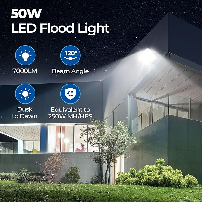 CINOTON Dusk to Dawn LED Flood Light Outdoor 50W, 7000LM IP65 Waterproof Security Wall Light Fixture with 180°Knuckle for Warehouse Patio Porch Garage 5000K Daylight AC100-277V, 1 Pack