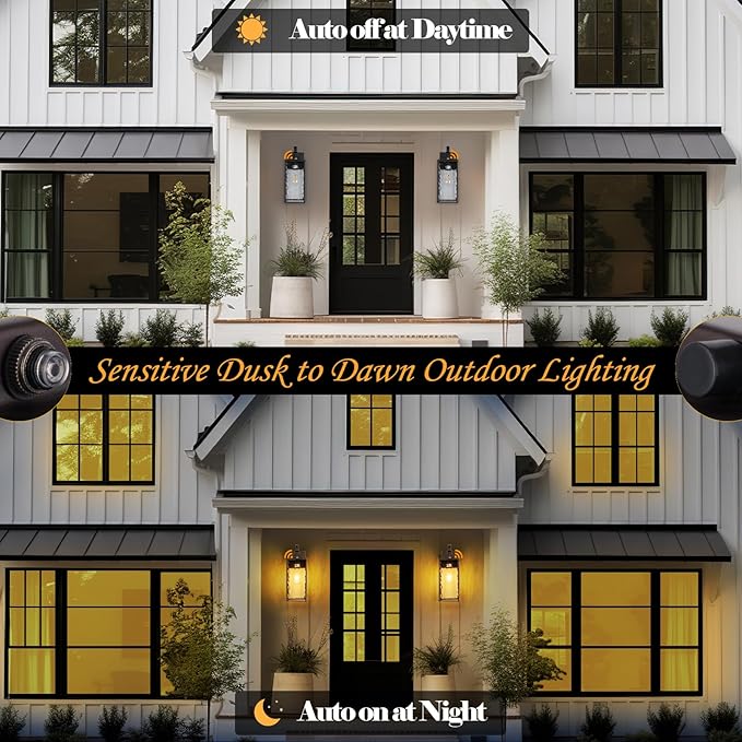 Dusk to Dawn Outdoor Light Fixtures Oil Rubbed Bronze 2-Pack, Water Ripple Glass Vintage Brown Exterior Lantern Lights with Photocell Sensor IP65 Waterproof Coach Carriage Lights, E26