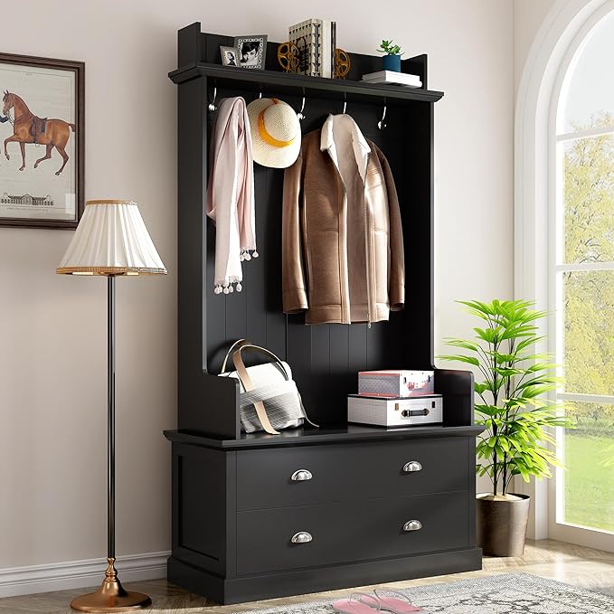 RUNNA Wooden 38.5" Wide Hall Tree with Coat Rack and 2 Large Drawers,Bench,5 Metal Hooks and Handles,For Livingroom Hallway Entryway Use (Black@Drawers)