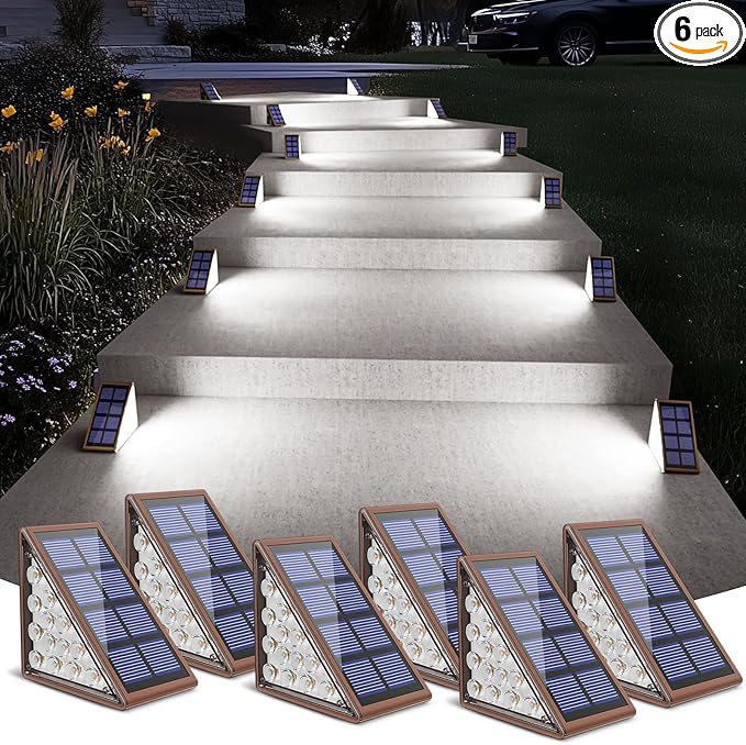 NIORSUN Solar Step Lights for Outside, Stair Light Outdoor Waterproof IP67 Auto On Off,Cool White Light,Solar Lights for Steps,Stair,Patio,Yard,Porch,Front Door,Sidewalk,Deck Decor,Brown,6 Pack