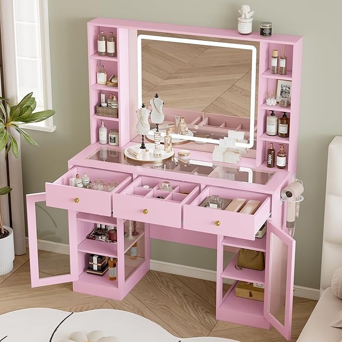Makeup Vanity Desk with Mirror and Lights, 43" Pink Vanity with Glass Top, Jewelry Storage, 3 Drawers & Glass Cabinets, Power Outlet & Adjustable LED Lights, Dressing Table for Women & Girls Bedroom