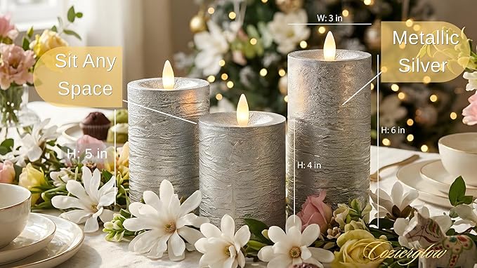 Shiny Metallic Silver Flameless Pillar Candles, Patented 3D Realistic Moving Flickering Flame with Remote Timer, Battery Operated 400hrs for Wedding, Holiday, Party, Decor, Gift(Set of 3)
