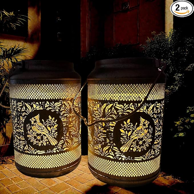 Solar Lantern with Hollow Metal Design, Garden Hanging Light, Copper Color for Outdoor Yard,Patio,Garden Decor (2)