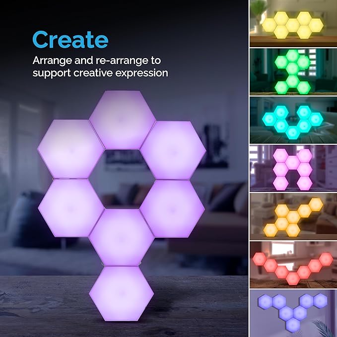 Emberela HEXlights 7-Pack Hexagon Lights, Touch and Remote Controlled RGB Wall Panels - LED Light Panels for Living Room, Bedroom, Game Room Decor - Tabletop Stand Included