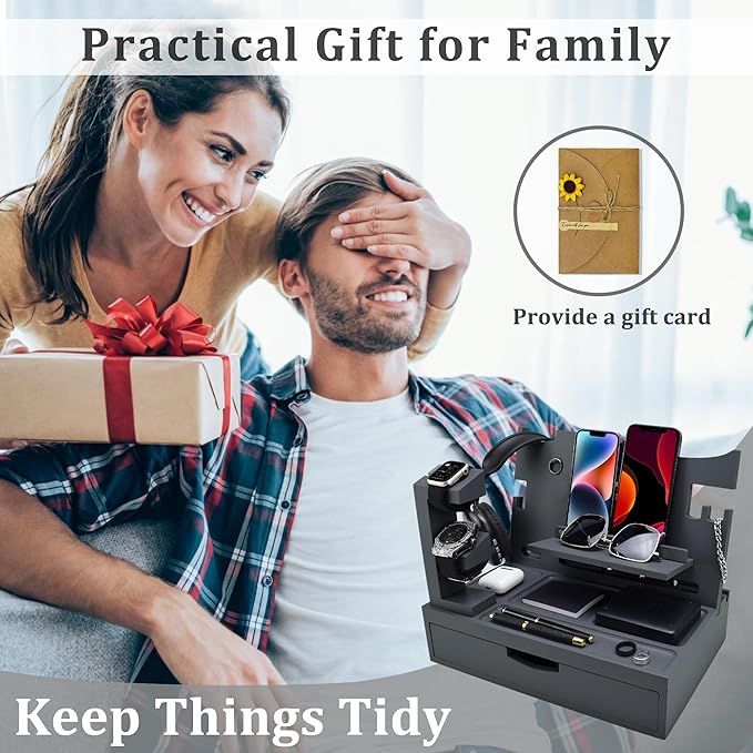 Nightstand Organizer for Men with Large Drawer, Wood Phone Docking Station for Phone, Apple Watch, Wallet & Keys, Ideal Birthday Gift for Father Husband, Bedside Desk Organizer (Grey)