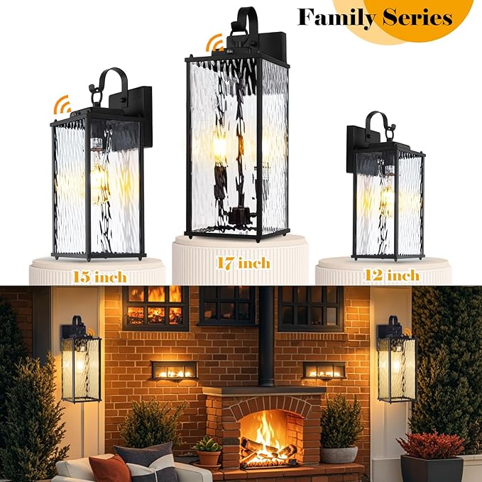 2-Pack Dusk to Dawn Outdoor Lighting with Water Ripple Glass, IP65 Waterproof Matte Black Front Porch Lights Photocell Sensor Exterior Light Fixtures Outdoor Wall Sconces Coach Lights
