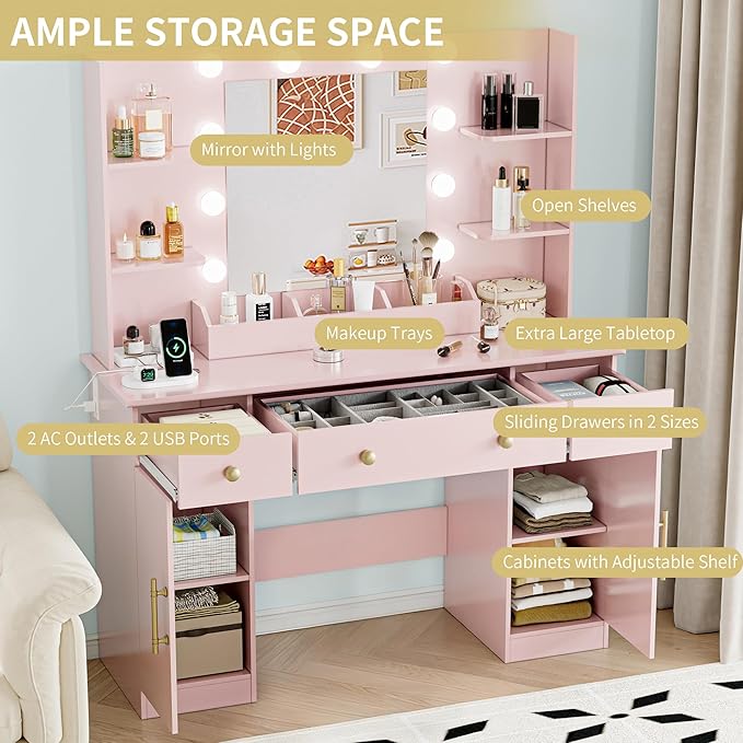 Vanity Desk with Mirror and Lights, 43'' Makeup Dressing Table Set with 5 Drawers & Power Outlet, 3 Lighting Modes Brightness Adjustable, Vanity with RGB Ambient Light for Women Girls Bedroom, Pink