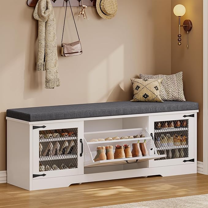 Farmhouse Storage Bench with Flip Drawers & Padded Seat Cushion, Half Hidden Shoe Rack Organizer, Adjustable Shelf Shoe Cabinet for Entryway, Bedroom, Living Room (White, 57IN)