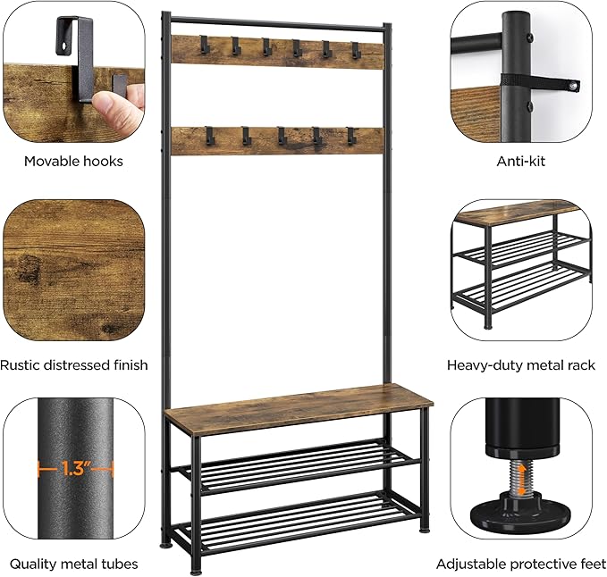 Yaheetech 3-in-1 Hall Tree, Coat Rack Shoe Bench with 11 Removable Hooks and Storage Metal Shelves, Industrial Entryway Storage Bench, Easy Assembly, 33.5× 13.5× 73 Inches, Rustic Brown