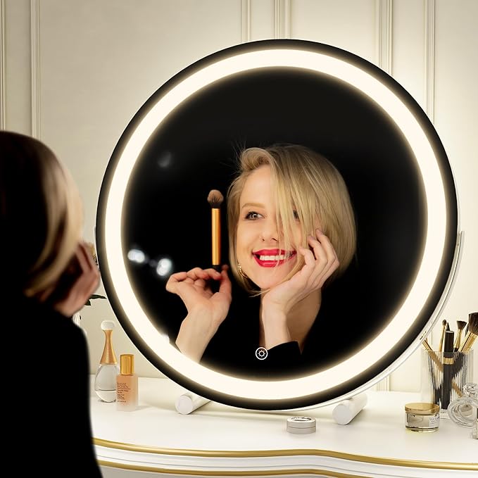 ROLOVE Makeup Mirror with Lights, 18 Inch Vanity Mirror with Lights, Lighted Makeup Mirror, Smart Touch Control Round Lighted Vanity Mirror, Tabletop ＆ Desk Mirror, Gifts for Women, Wife, Mom, Girls