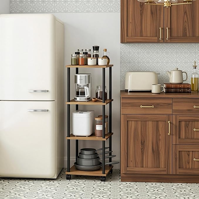 Bathroom Shelving Unit with Wheels, 4-Tier Narrow Open Floor Shelves, Metal Corner Slim Storage Rack for Bathroom Laundry Room Kitchen Living Room, Rustic Brown