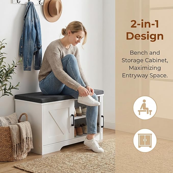 2-Tier Storage Bench, 27.6" Wide Shoe Bench with Padded Seat Cushion, Entryway Bench with 2 Barn Doors and Adjustable Shelf, White