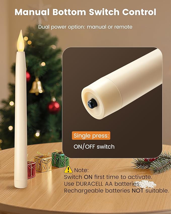 SURAIELEC 10.5'' Flameless Ivory Taper Candles, Battery Operated Candle with Remote, Timer, 3000K Warm White, LED Candle for Party, Christmas Decoration, 6 Pack (Rechargeable Battery Not Compatible)