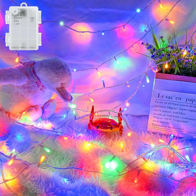Christmas String Lights Outdoor Waterproof 9.8ft 30 LED, Muliticolor Fairy Lights Battery Operated with Timer Clear Wire for Indoor & Outdoor Christmas Decorations Garland Party Garden