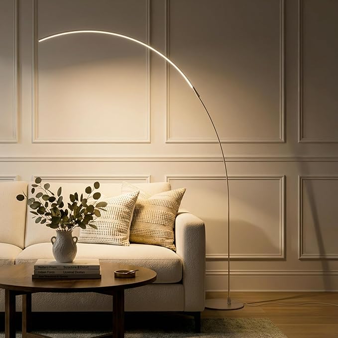 Brightech Sparq Arc Floor Lamp - Sleek, Minimalist Curved LED Standing Lamp for Living Room, Office Desk, Arches Over Bed and Sofa for Reading, Bright & Dimmable Task Light - Silver