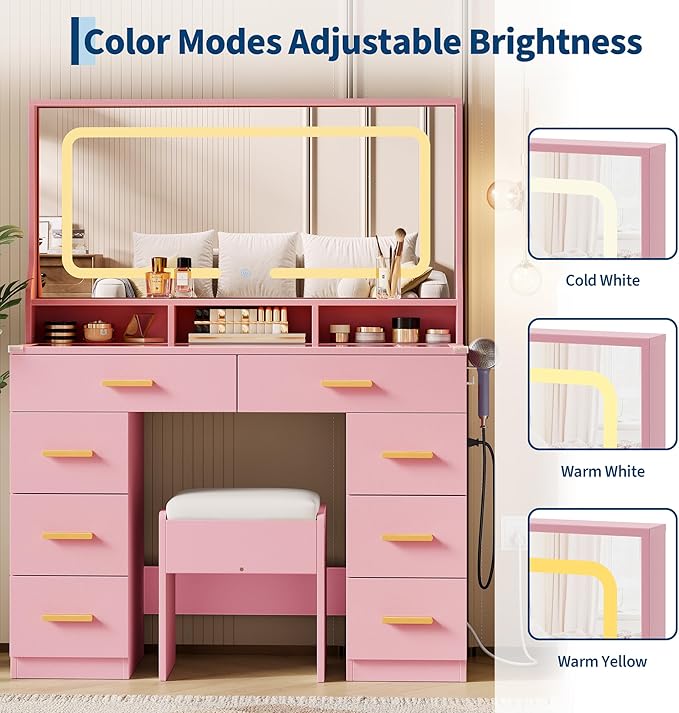 IDEALHOUSE Vanity Desk with Mirror and Lights, Makeup Table with Glass Top & 8 Drawers, 3-Color LED Mirror, Power Outlets & USB, Hair Dryer Holder, Stool Included, Dressing Table Set for Bedroom
