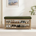 Shoe Rack Bench with Leather Cushion, 2 Tier Solid Wood Storage Bench, Mid-Century Modern Shoe Bench for Entryway, Hallway, Closet, Front Door Entrance, Foyer (Green, 46.5)