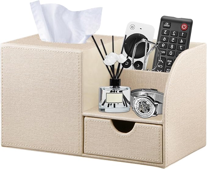 YAPISHI Square Tissue Box Cover with Storage Drawer, PU Leather Facial Tissues Cube Boxes Holder Modern Makeup Remote Control Holder, Nightstand Organizer Caddy for Bathroom Vanity, Office, Home Decor