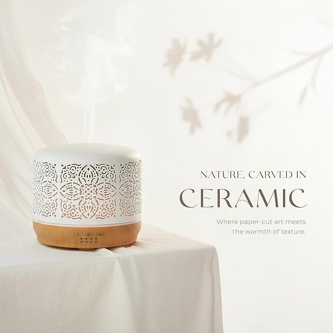 Earnest Living Essential Oil Diffuser White Ceramic Diffuser 500 ml Timers Night Lights and Auto Off Function Home Office Humidifier Aromatherapy Diffusers for Essential Oils