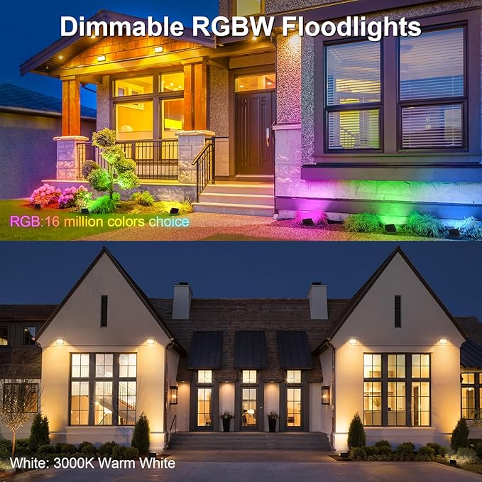 YAYZA! LED Flood Lights Outdoor 36W, 300W Equivalent 3000 LM RGB Color Changing Led Stage Landscape Lighting Bluetooth Smart Floodlights with APP Control 3000K Bright White Light, Timing&IP66 (4Pack)