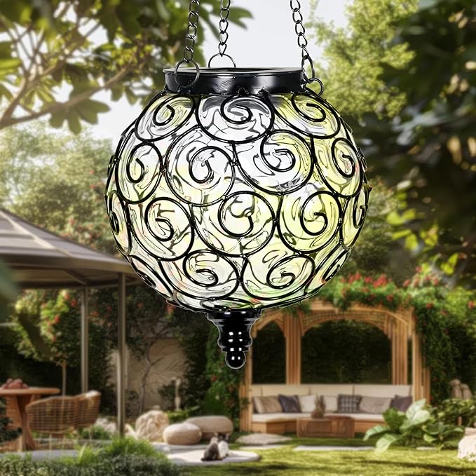 Solar Hanging Lantern Outdoor Garden Lights, Round Glass and Metal Hanging Lantern, 15 Firefly LED Lights, 7 x 20 Inch (Clear)