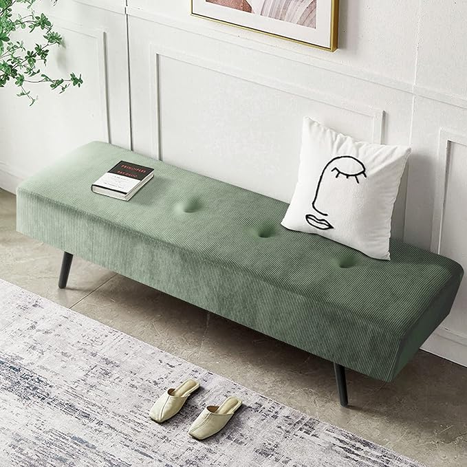 Entryway Bench - Green Bench for Bedroom, Modern Ottoman End of Bed, Corduroy Padded Benches for Living Room, Foyer, Mudroom, Hallway - 39" L x 14" W x 17" H